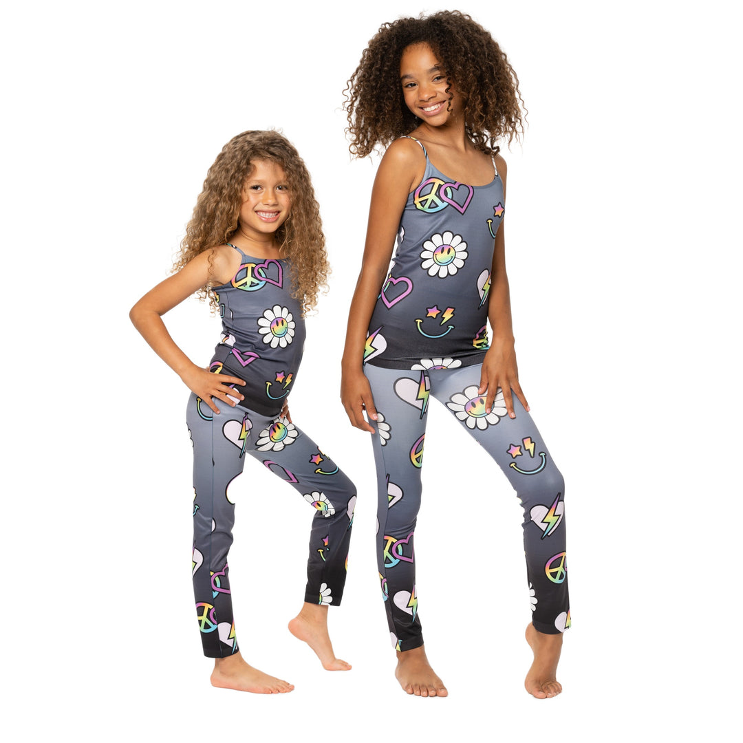 Little Girl's (4-7) Scattered Icons on Black Ombre background Leggings