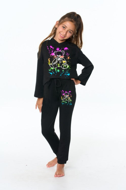 Little Girl's (4-6x) Butter Fleece Sweatpants with our "Scattered Paint with White Teddy Bear" Screen