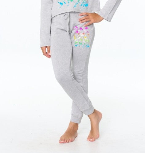 Girl's (8-14) Butter Fleece Sweatpants with Scattered Paint with Teddy Bear Screen