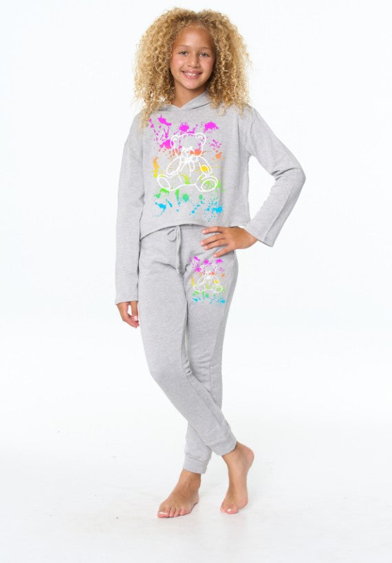Girl's (8-14) Butter Fleece Hooded Sweatshirt with "Scattered Paint with White Teddy Bear" Screen
