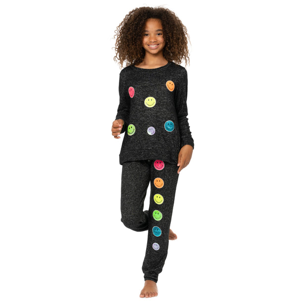 Girl's (8-14) Long Sleeve Hacchi Top with Neon Sequin Happy Faces Patches