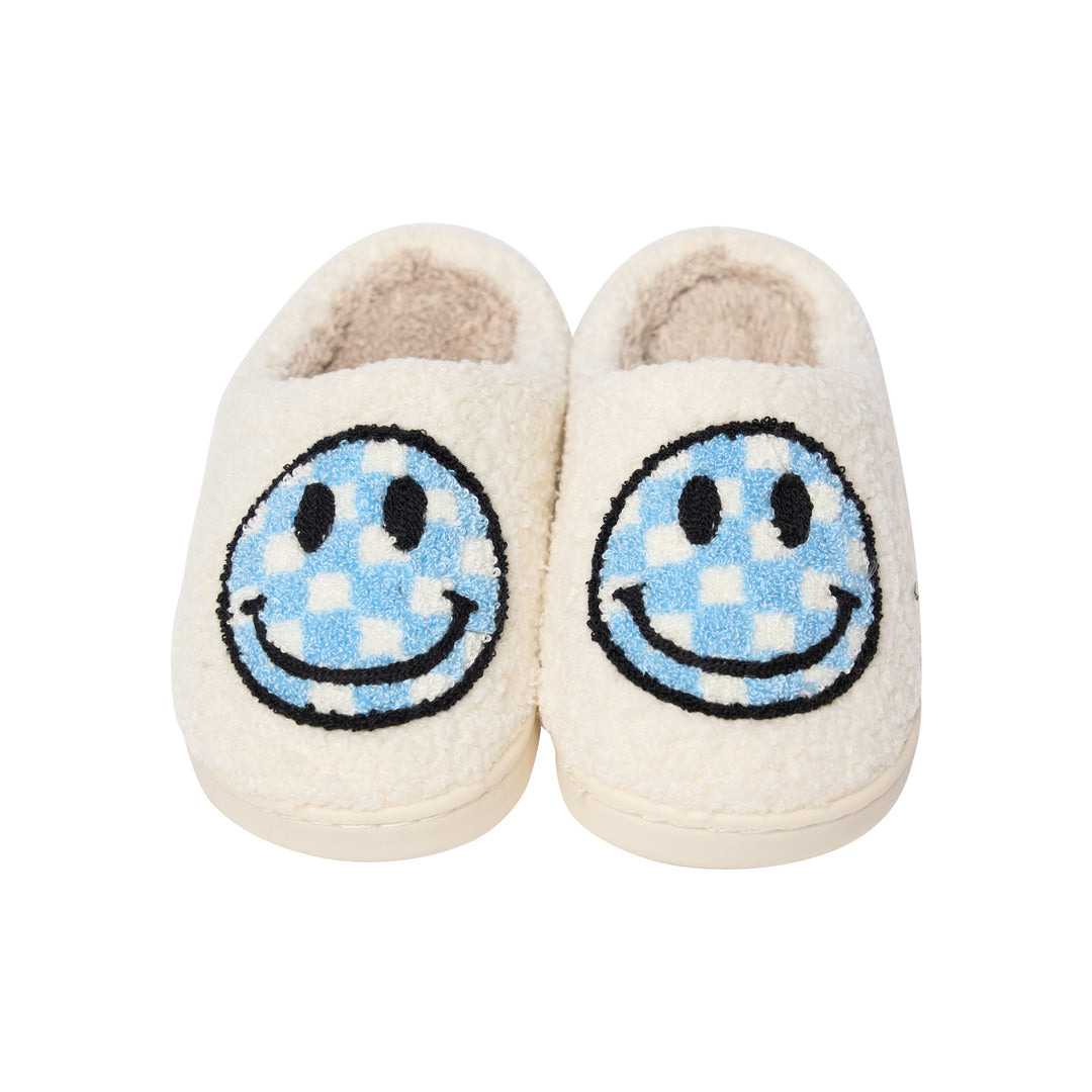 Kids Plush Slippers with a Checkered Happy Face