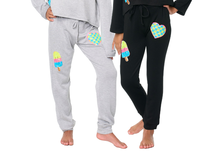 Little Girl's (4-6x) Butter Fleece Sweatpants with our Sequin Checkered Heart & Ice Cream Patches