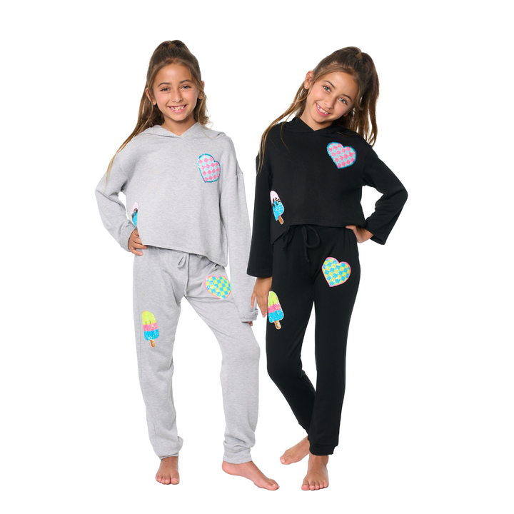 Little Girl's (4-6x) Butter Fleece Hooded Sweatshirt with our Sequin Checkered Heart & Ice Cream Patches