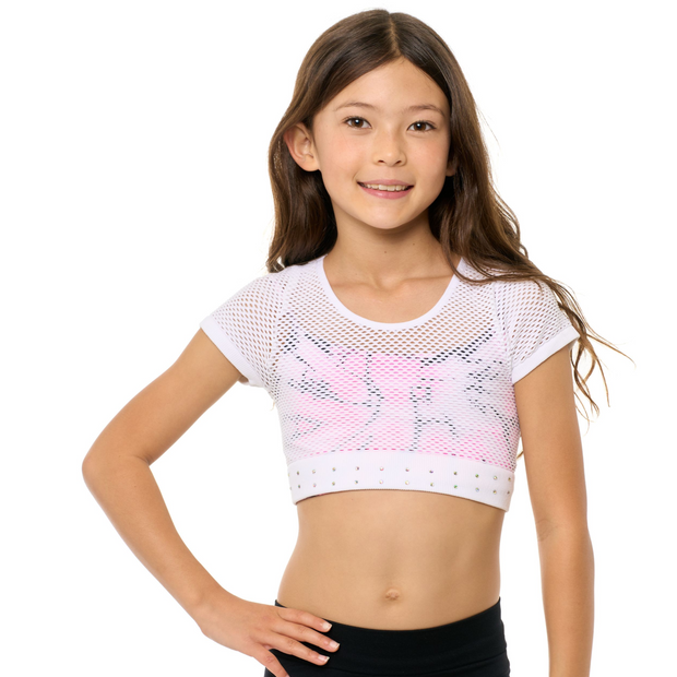 Girl's (8-14) Short Sleeve Cropped Mesh Top