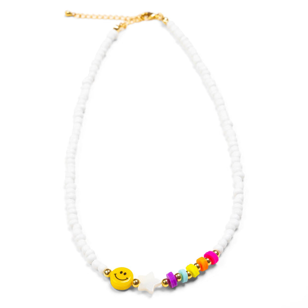White Necklace with Rainbow & Smiley Face Bead Accents