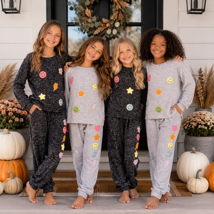 Little Girl's (4-6x) Hacci Sweatpants with Assorted Color Glitter Chenille Bow Patches