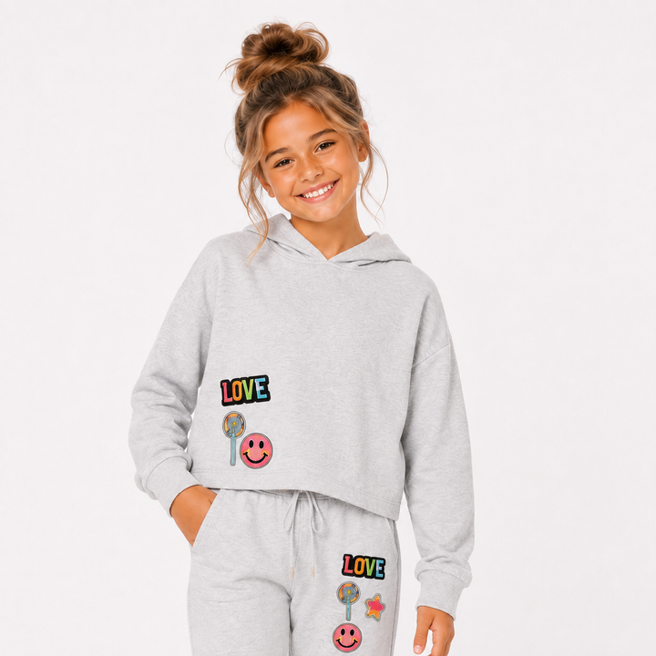 Little Girl's (4-6x) Butter Fleece Hooded Sweatshirt with LOVE & Happy Face Patches