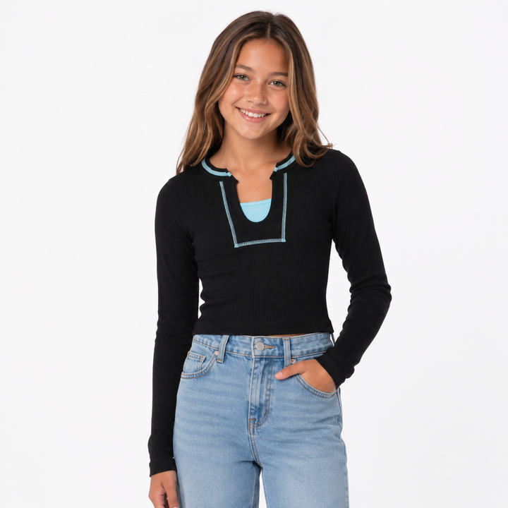 Girl's (8-14) Seamless Long Sleeve Ribbed Top with Contrast Stitching