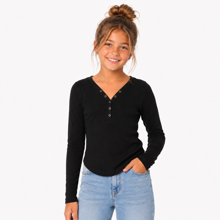 Girl's (8-14) Seamless Long Sleeve Ribbed Crop Top with Snap Front