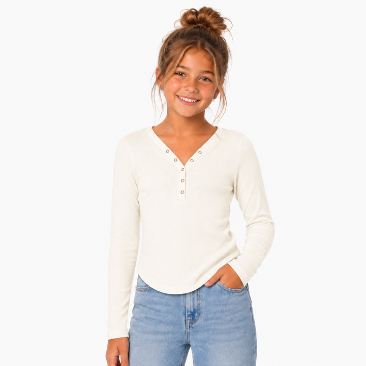 Girl's (8-14) Seamless Long Sleeve Ribbed Crop Top with Snap Front