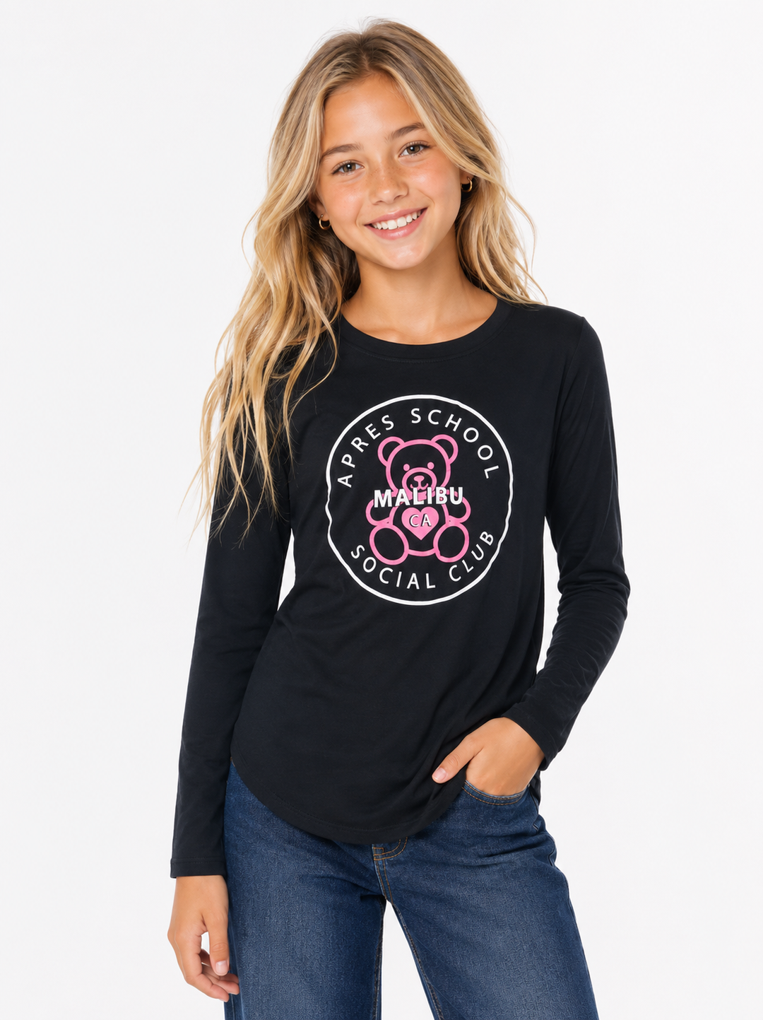 Girl's (8-14) Long Sleeve Tunic Top with "APRES SCHOOL SOCIAL CLUB with Teddy Bear" Screen