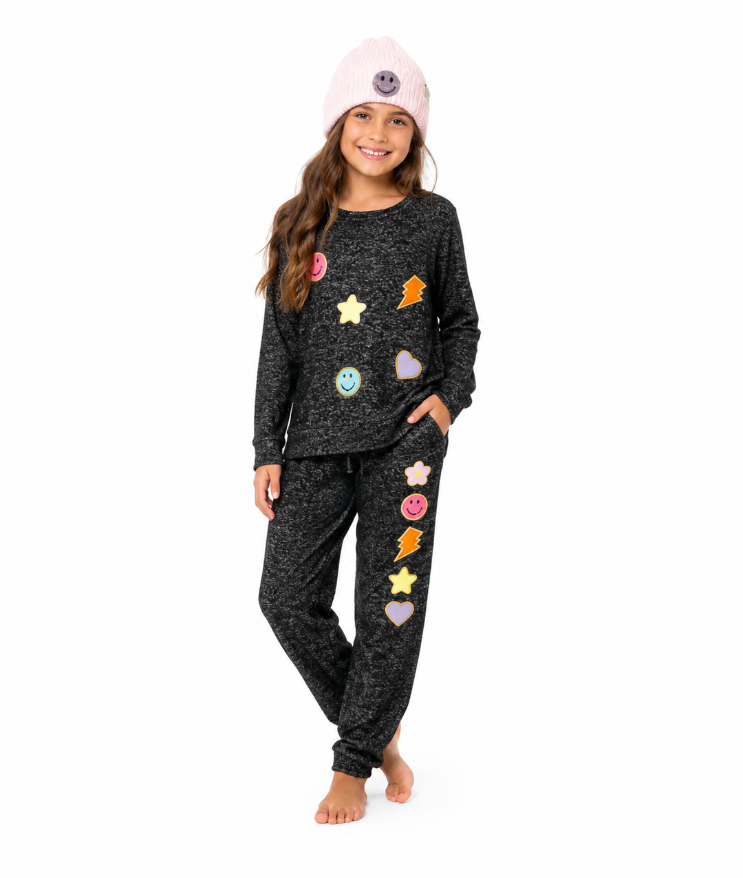Little Girl's (4-6x) Hacci Sweatshirt with Assorted Color Glitter Chenille Bow Patches