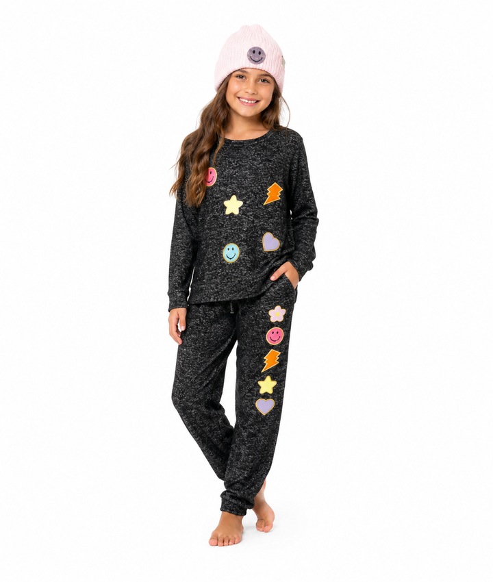 Girl's (8-14) Hacci Sweatshirt with Assorted Glitter Chenille Patches