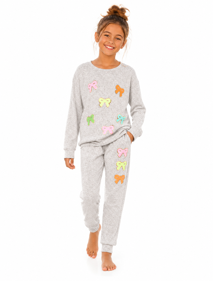 Little Girl's (4-6x) Hacci Sweatpants with Assorted Color Glitter Chenille Bow Patches