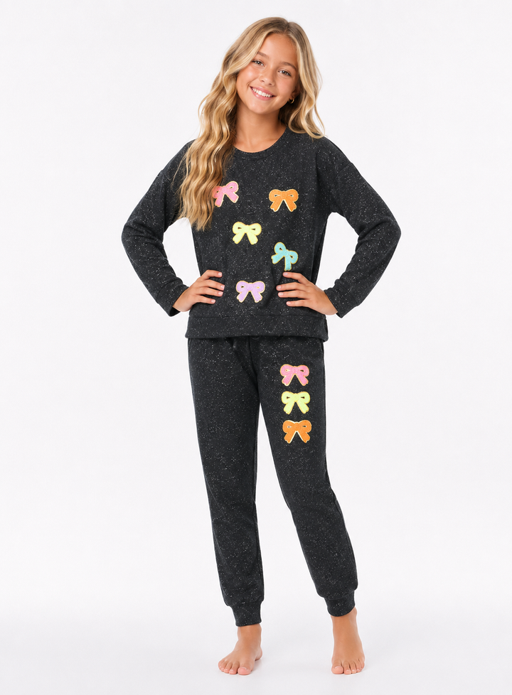 Little Girl's (4-6x) Hacci Sweatpants with Assorted Color Glitter Chenille Bow Patches