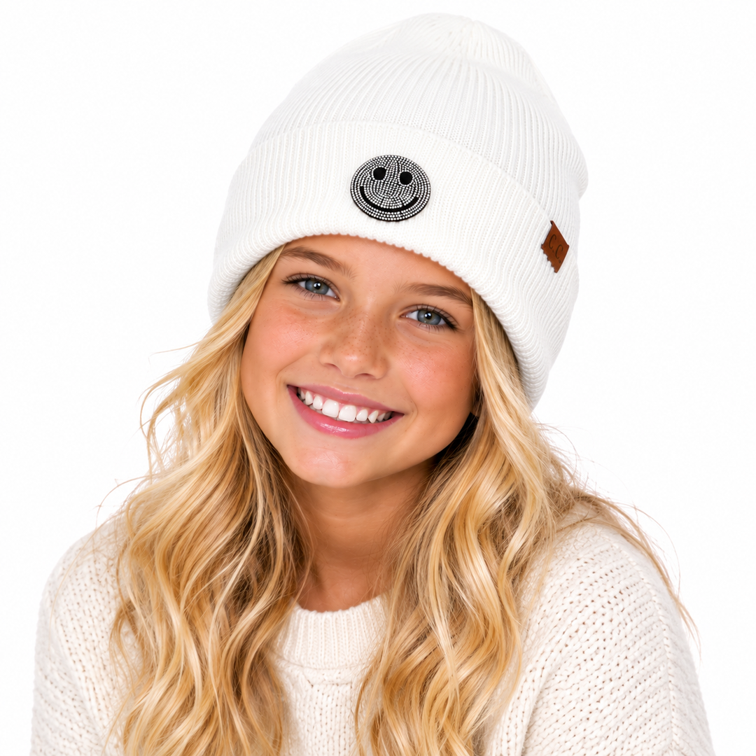 Girl's Solid Color Beanie with Rhinestone Happy Face Patch