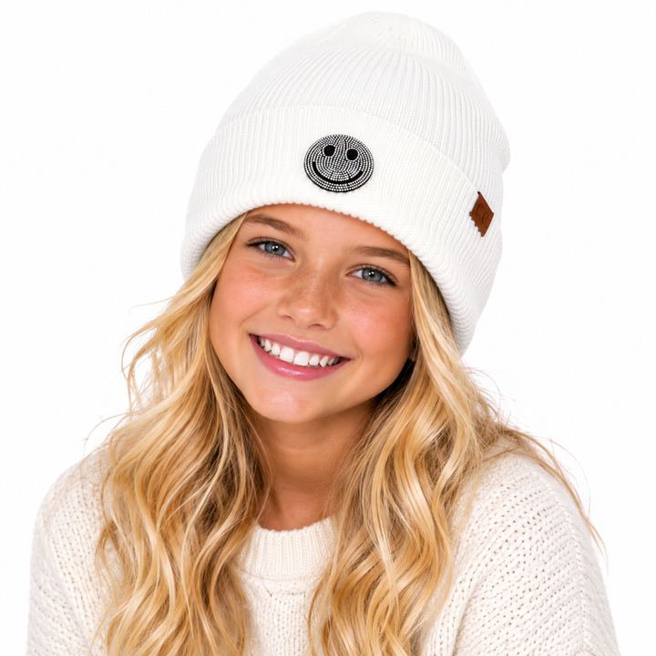 Girl's Solid Color Beanie with Rhinestone Happy Face Patch