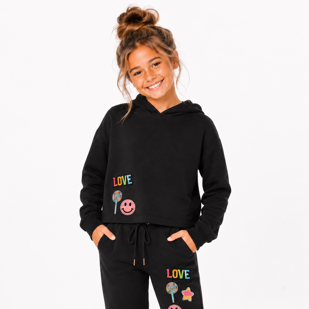 Little Girl's (4-6x) Butter Fleece Hooded Sweatshirt with LOVE & Happy Face Patches