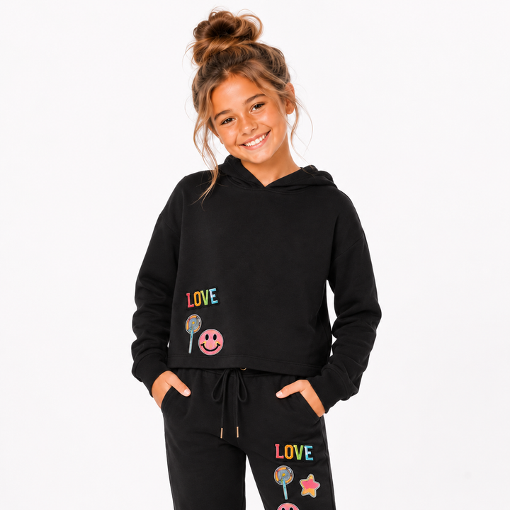 Little Girl's (4-6x) Butter Fleece Hooded Sweatshirt with LOVE & Happy Face Patches