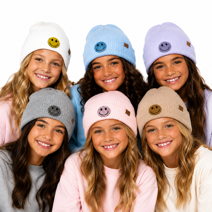 Girl's Solid Color Beanie with Rhinestone Happy Face Patch