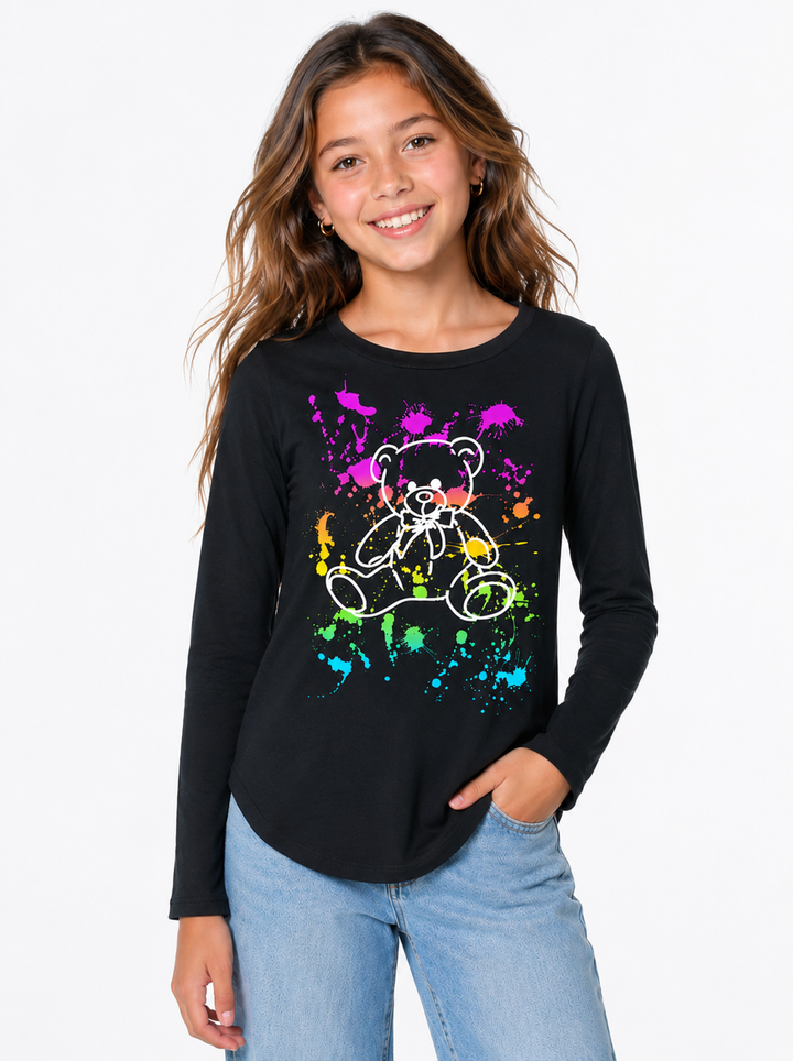 Little Girl's (4-6x) Long Sleeve Tunic with "Scattered Paint with White Teddy Bear" Screen