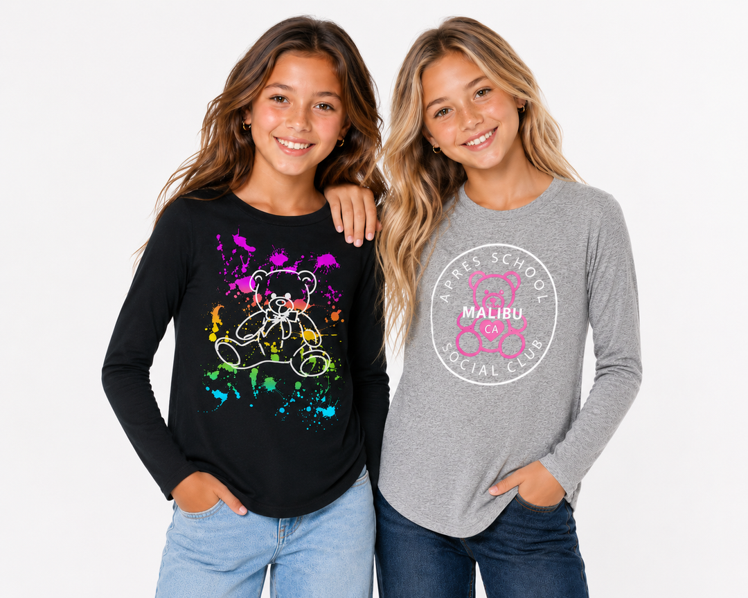 Girl's (8-14) Long Sleeve Tunic Top with "APRES SCHOOL SOCIAL CLUB with Teddy Bear" Screen