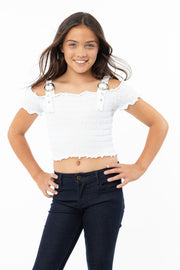 Smocked off the Shoulder Top with Straps for Girls 7-14