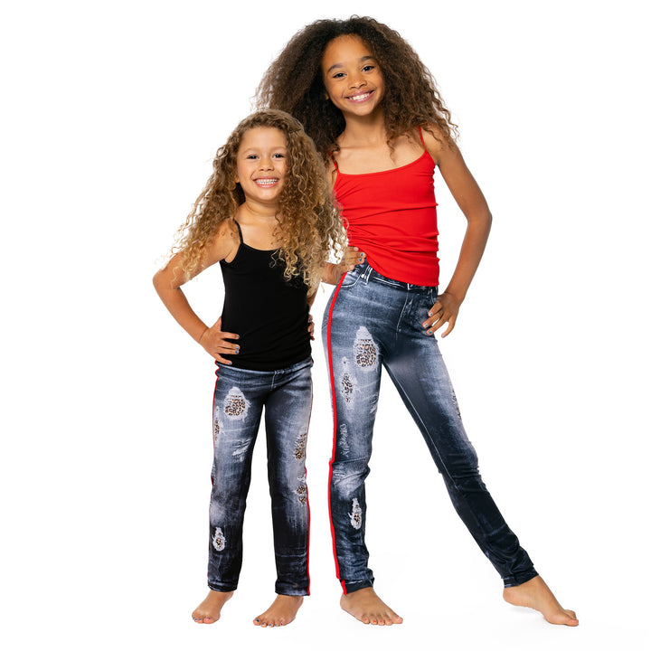 Girls (7-10) Distressed Denim with Leopard Leggings