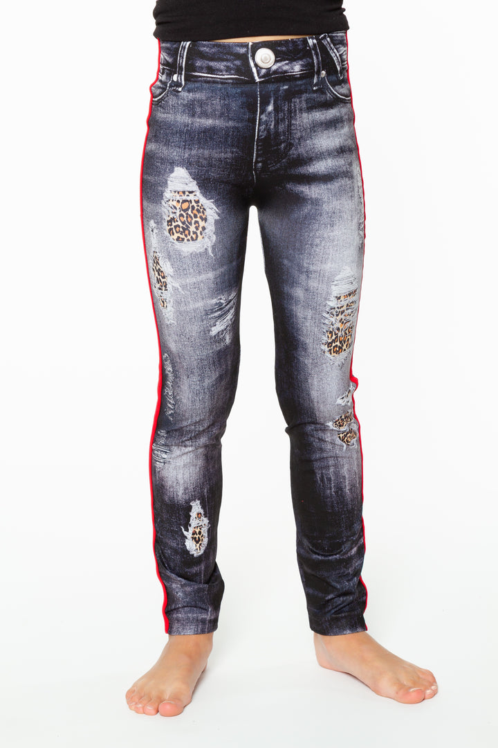 Girls (7-10) Distressed Denim with Leopard Leggings