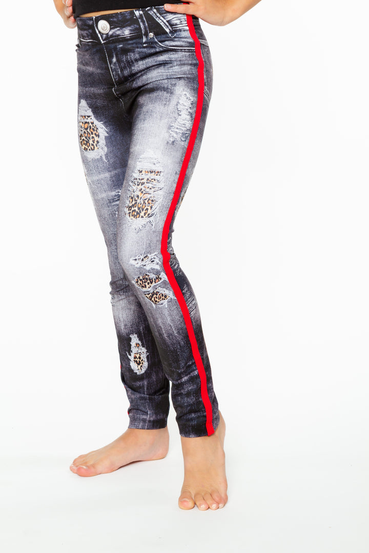 Girls (7-10) Distressed Denim with Leopard Leggings