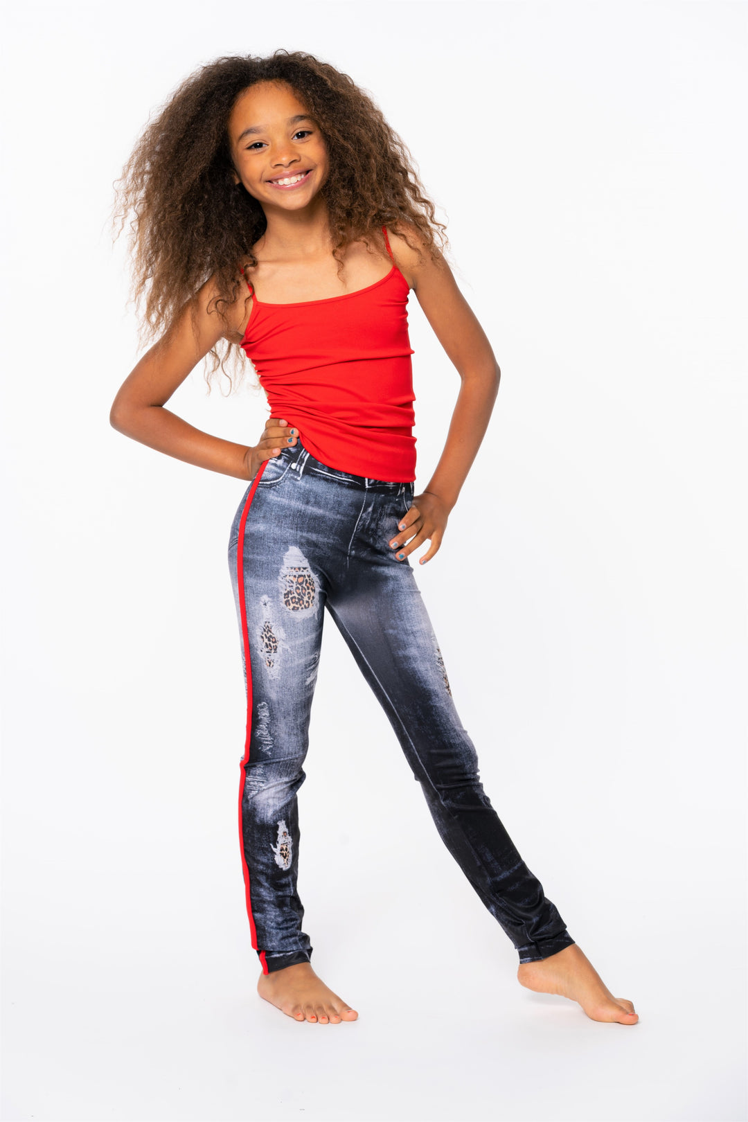Girls (7-10) Distressed Denim with Leopard Leggings