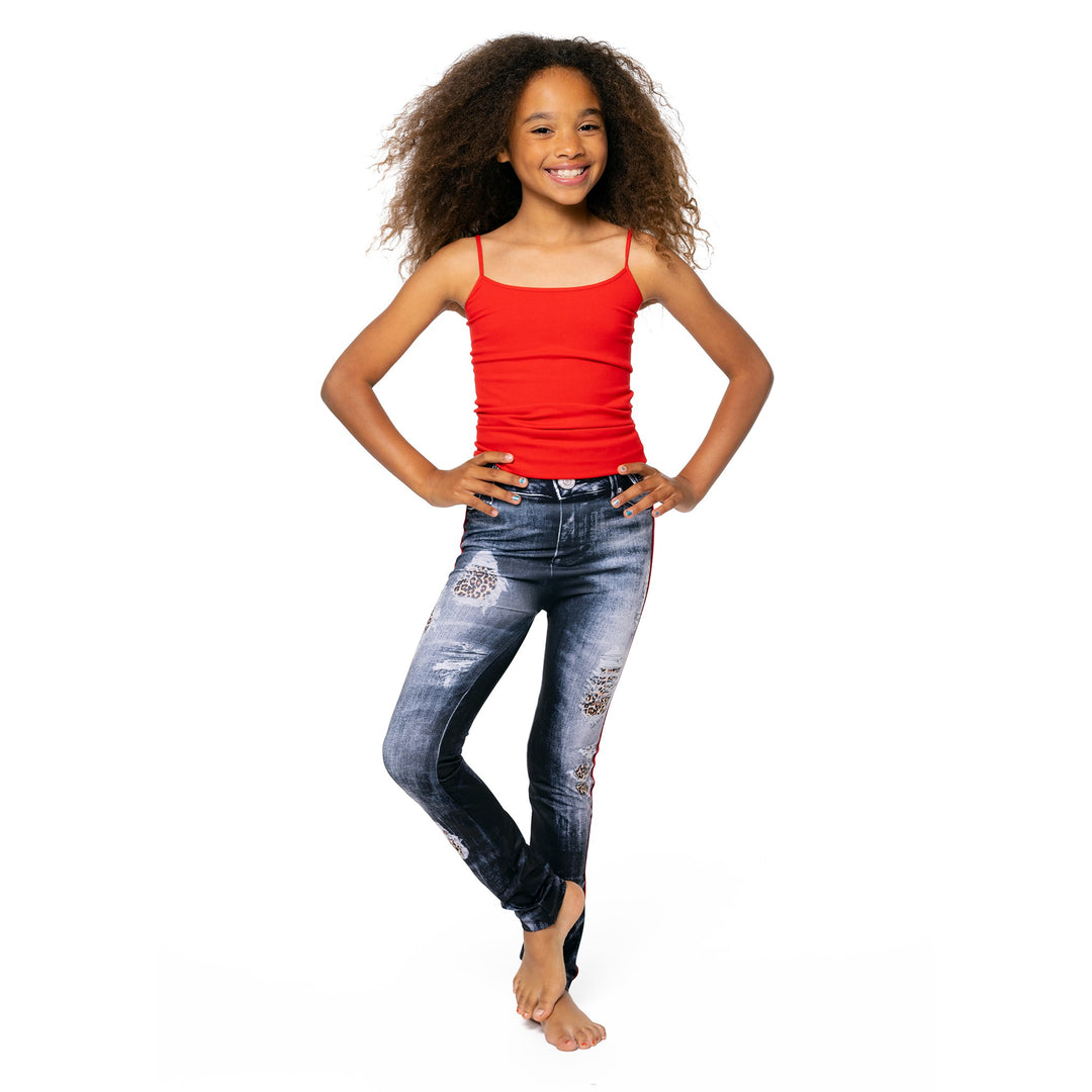Girls (7-10) Distressed Denim with Leopard Leggings