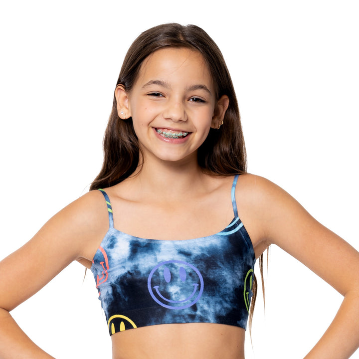 Girl's (7-12) Black & Gray Tie Dye Round Happy Faces Bandeau Bra Cami