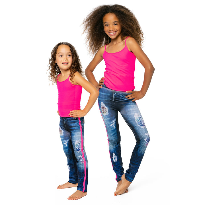 Girls (7-10) Distressed Denim with Leopard Leggings