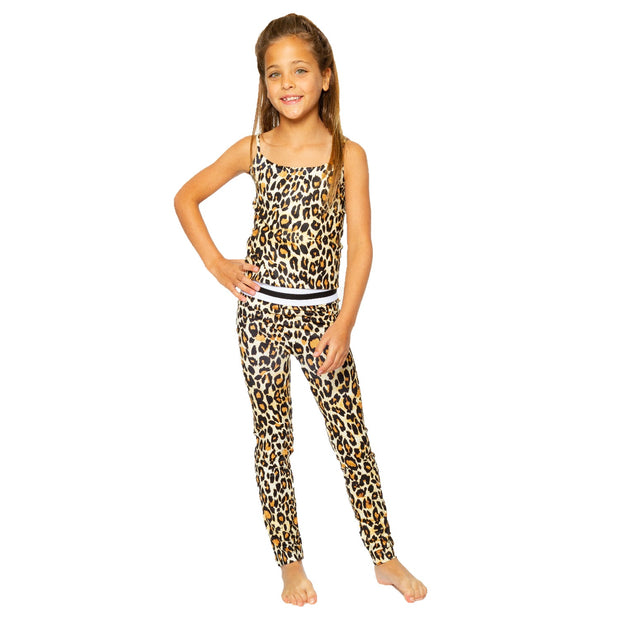 Brown Leopard Leggings with Striped Waist Band for Little Girls 4-6x