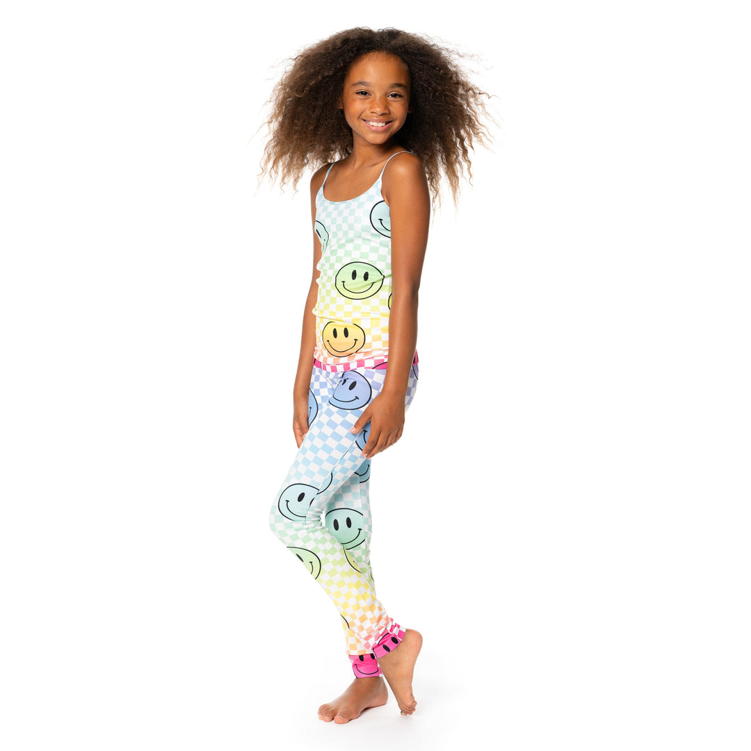 Girl's (8-12) Ombre Checker Board with Happy Face Leggings