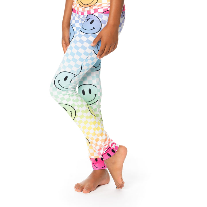 Girl's (8-12) Ombre Checker Board with Happy Face Leggings