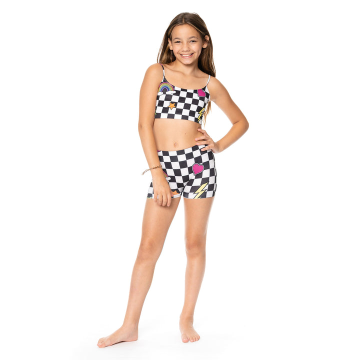 Girl's (8-12) Black & White Checkered with Icons Bandeau Bra Cami