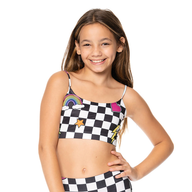 Girl's (8-12) Black & White Checkered with Icons Bandeau Bra Cami