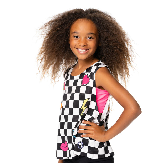 Girl's (7-12) Black & White Checkered with Icons Sleeveless Top