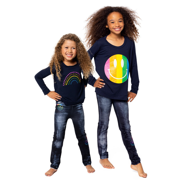 Girls (7-10) Denim with Ombre Happy Faces Leggings