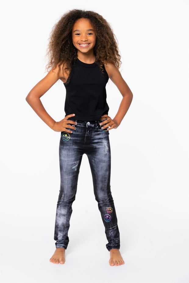 Girls (7-10) Denim with Ombre Happy Faces Leggings