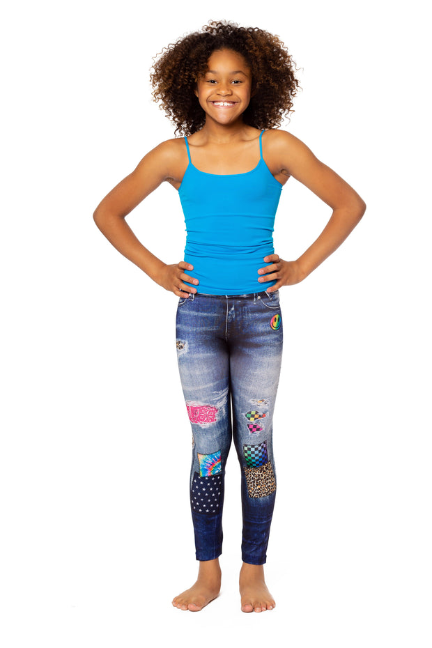 Little Girls (4-6x) Distressed Denim Leggings with Patchwork Design