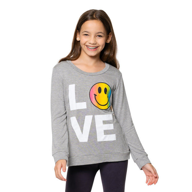 Girls (7-14) Sweatshirt Tee with LOVE with Ombre Happy Faces screen