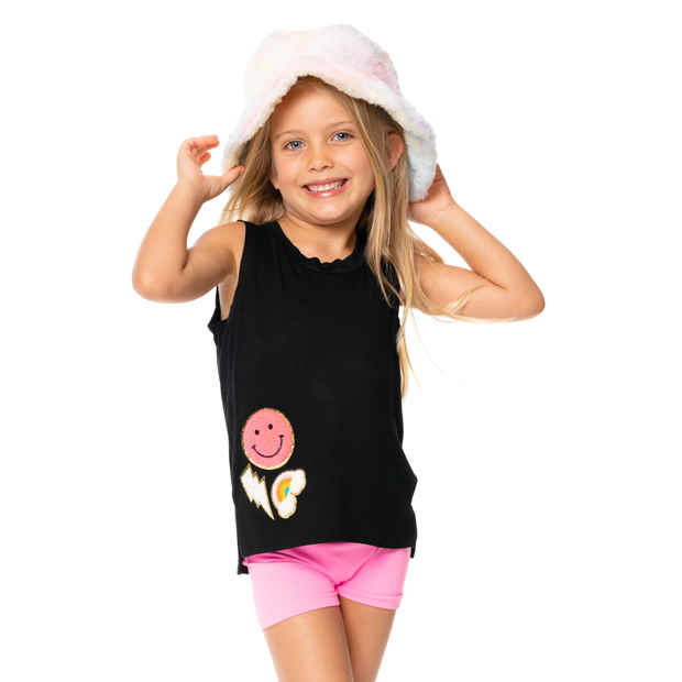 Sleeveless Muscle Tee with Happy Face, Lightning Bolt & Rainbow Patches for Little Girls 4-6x