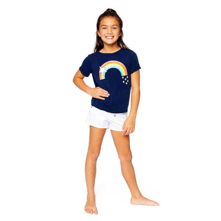 Girls (8-14) Short Sleeve T-Shirts with Rainbow with Falling Stars screen