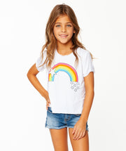 Girls (8-14) Short Sleeve T-Shirts with Rainbow with Falling Stars screen