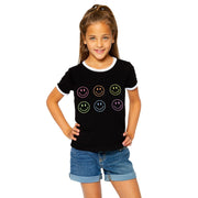 Little Girls (4-6x) Ringer Tee with Neon Happy Faces Screen