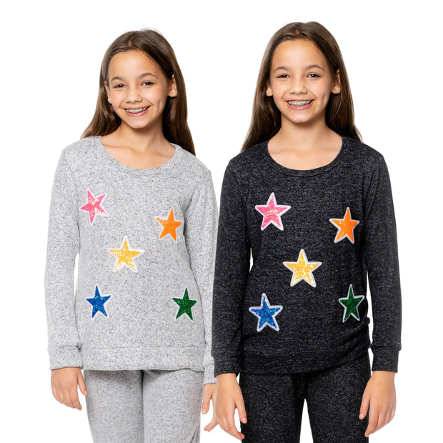 Girl's (8-14) Hacci Sweatshirt with Sequin Star Patches